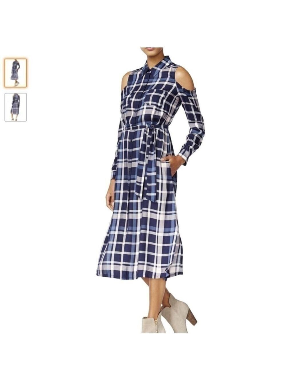 Maison Jules cold shoulder plaid dress